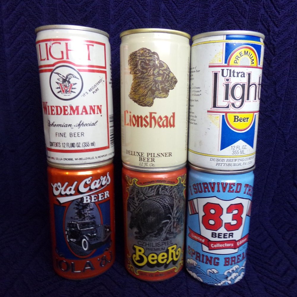 6 Vintage beer cans Spring Break 82 Old car Lions head Dubois Czhilispiel empty